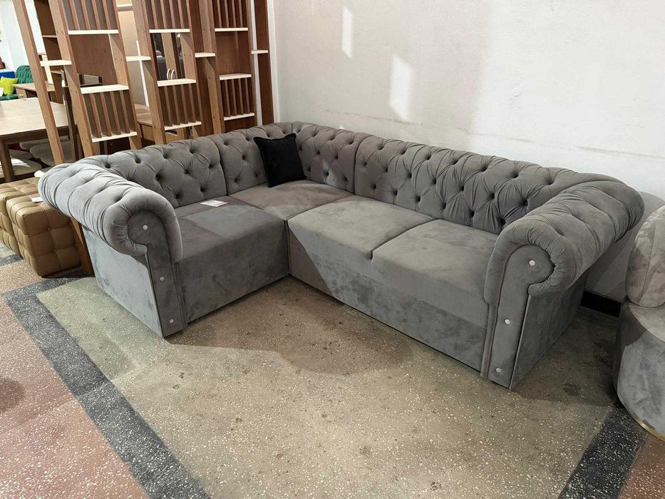 Colțar Chesterfield Elegant, Gri Antracit – Butoni Capitonați – Nou