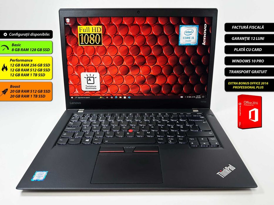 Laptop Lenovo Thinkpad T470s Intel i5 12 gb ram 256 gb ssd Ecran 14 inch Full HD Gama business Ultraslim Office 2016 Windows 10 Factura Garantie 1 an