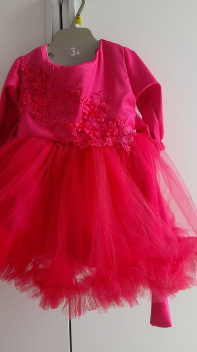 Rochie fucsia fetite 5+,  cu tull și dantela, cordon in talie