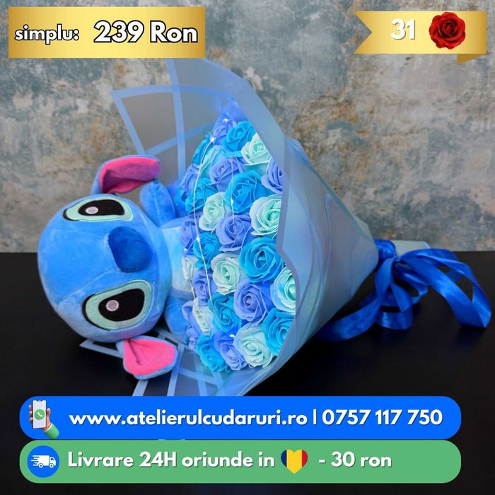 Buchete Trandafiri Sapun & Stitch & Sclipici cu Livrare