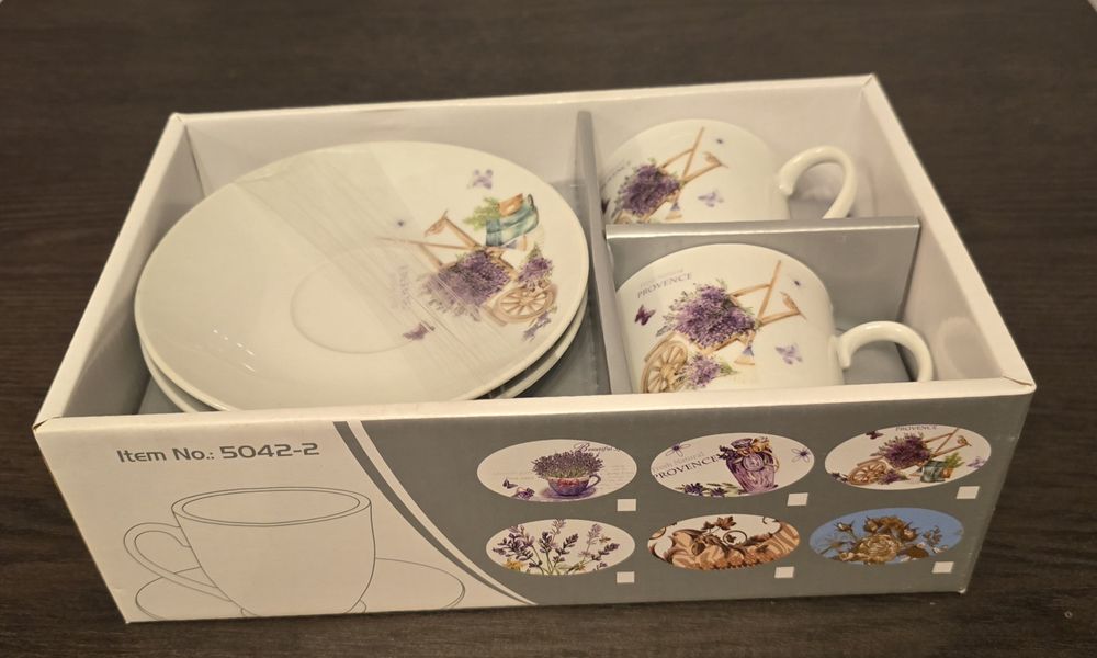 Set 2 cesti cafea cu 2 farfurioare rotunde portelan