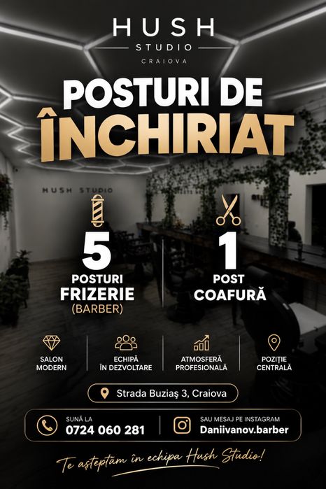 Hush Studio! Posturi Frizerie/Coafura De Inchiriat.