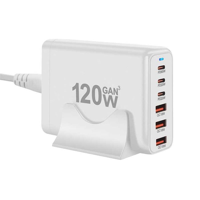 120W GaN III 6 портова станция за бързо зареждане бяла 65W порт - НОВА