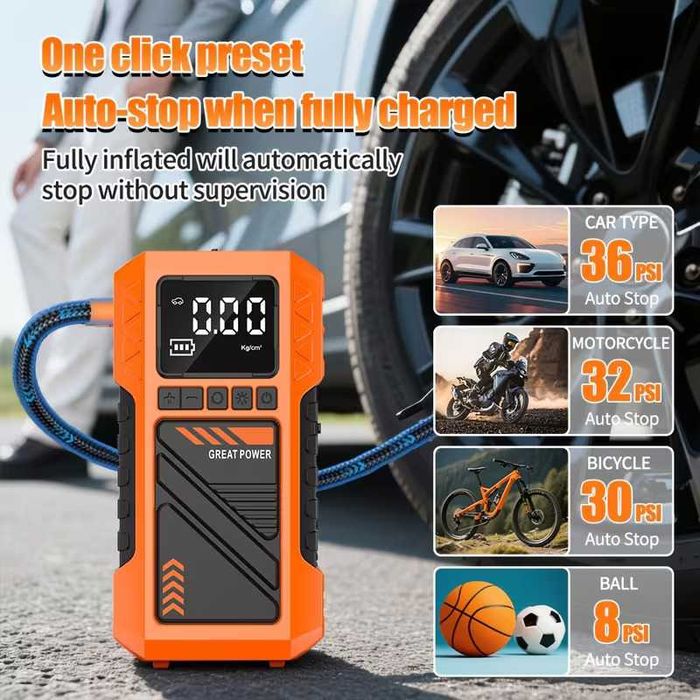 Авариен мобилен стартер (Jump Starter), компресор, външна батерия и мощен LED фенер 4 в 1 JKUOO, различни накрайници, 8000А, 10ATM, НОВ!