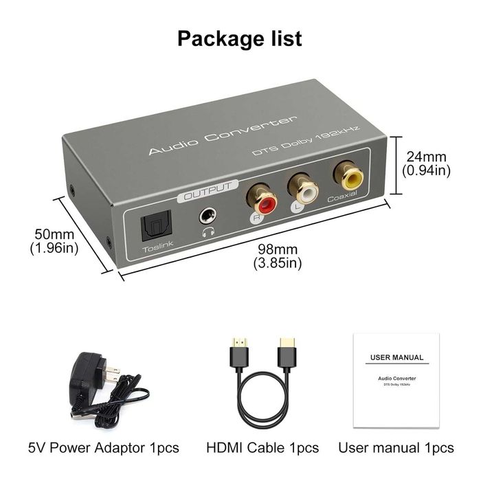 HDMI ARC адаптер към RCA аудио конвертор, цифров към аналогов стерео DAC, коаксиален оптичен ARC
