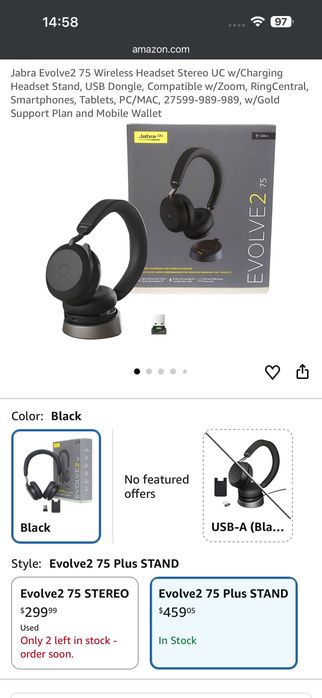 Слушалки jabra evolve2 75 с докинг станция