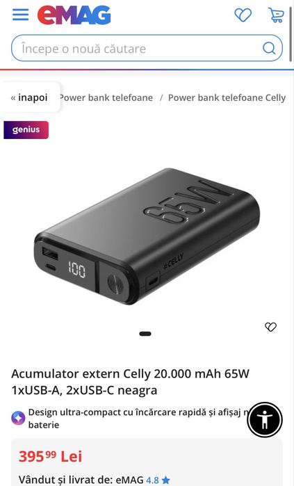 MDM vinde: Baterie externa Celly 65W Fast, 20.000mAh.