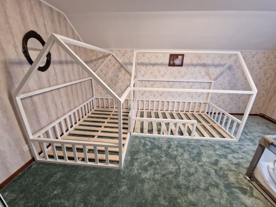 Pat casuta Montessori, pat dublu, pat copii, pat gemeni, mobila copii