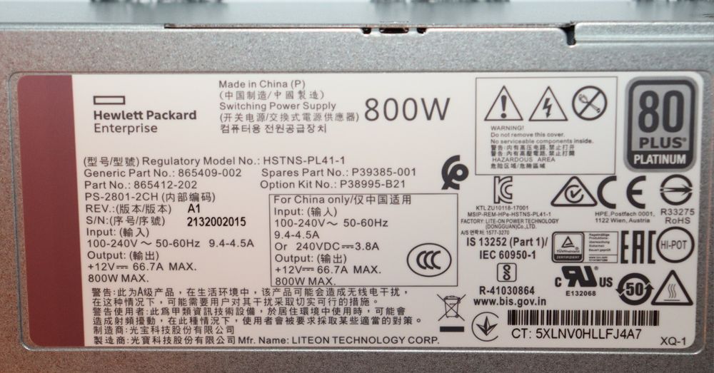 Sursa Alimentare/ PSU Server HPE 800W FS Plat Ht Plg LH DL G10+/ DL-ML G11/G12 P38995-B21/ 8 6 5 4 1 2 - 1 0 2