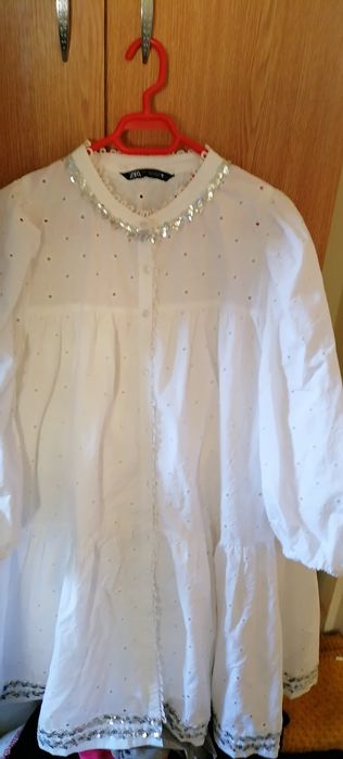 Rochie oversize, alba brodata/paiete, f.eleganta- evenim. seara/zi