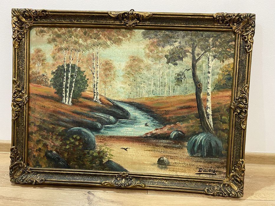 Tablou vechi semnat pictura ulei pe pânza cu rama originala