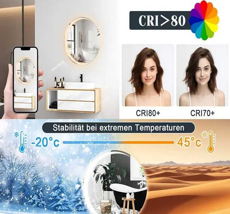 Oglinda Rotunda Iluminata Led, dimabila, reglaj culoare, dezaburire