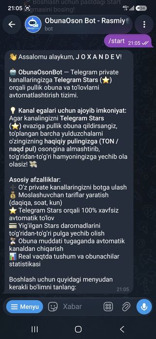 Telegram uchun professional botlar yaratib beraman