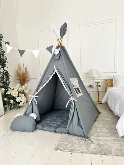 Вигвам детский Льняной с ковриком подушкой и лампочкой