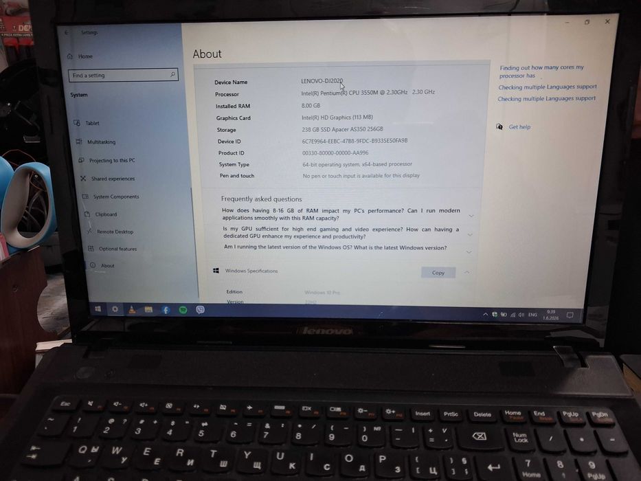 Лаптоп Леново G 510 8GB RAM ,250 GB SSD, Widndows 10