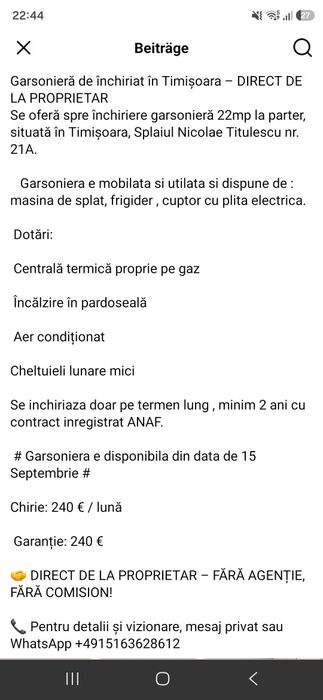 240€ Garsoniera de inchiriat  22mp , AC /Centrala proprie