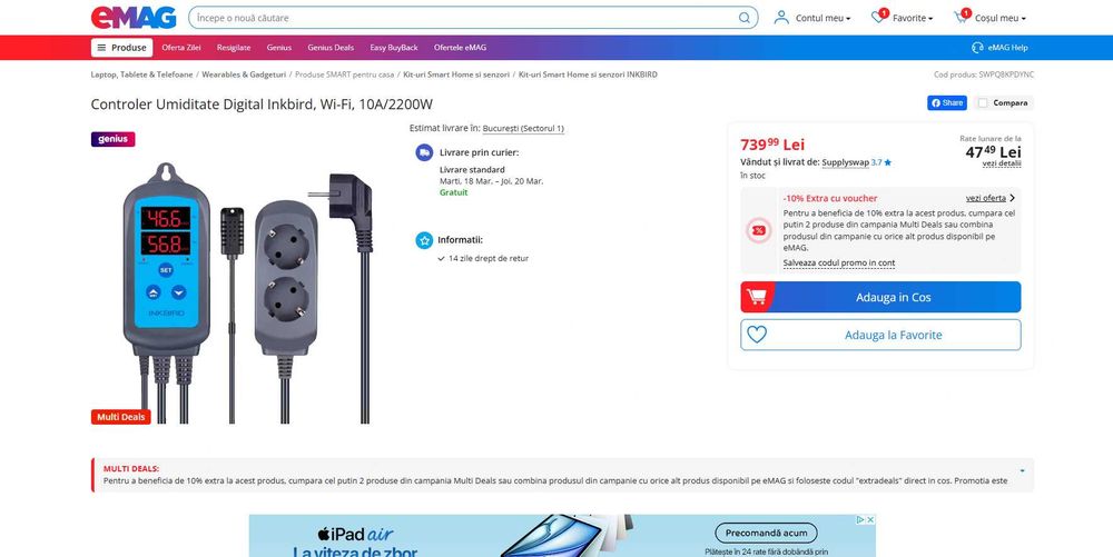 Controler Umiditate Digital Inkbird WiFi 10A/2200W, REDUS de la 740Ron