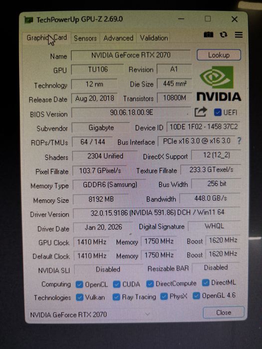 RTX 2070 Gigabyte 3 Windforce 8gb