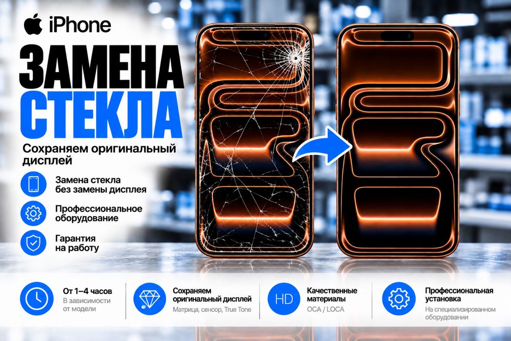Замена стекла дисплея iPhone, Samsung