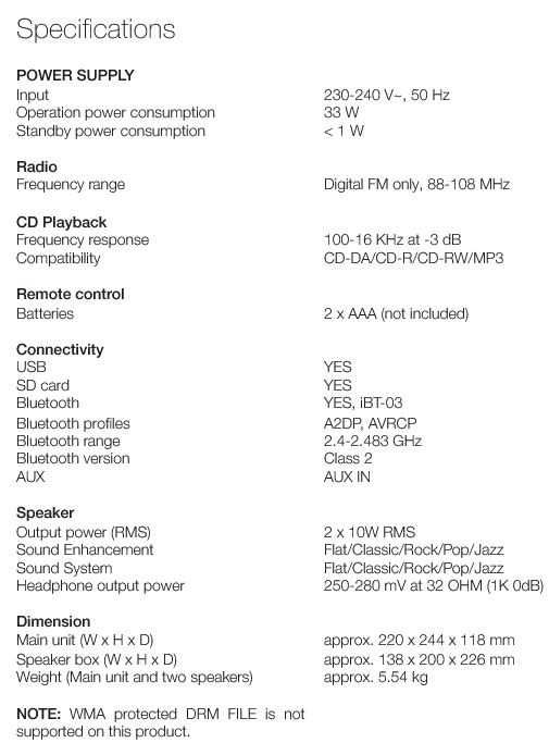 Micro system audio PEAQ PMS200BT-W USB, SD, FM, CD mp3, AUX