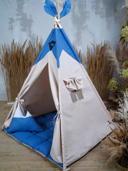 Вигвам детский Льняной с ковриком подушкой и лампочкой