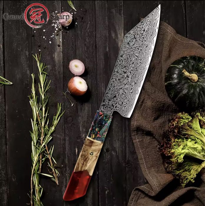 Професионален  Нож Сантоку (Santoku) - Японска дамаска стомана + Опция  Гравиране на Надпис