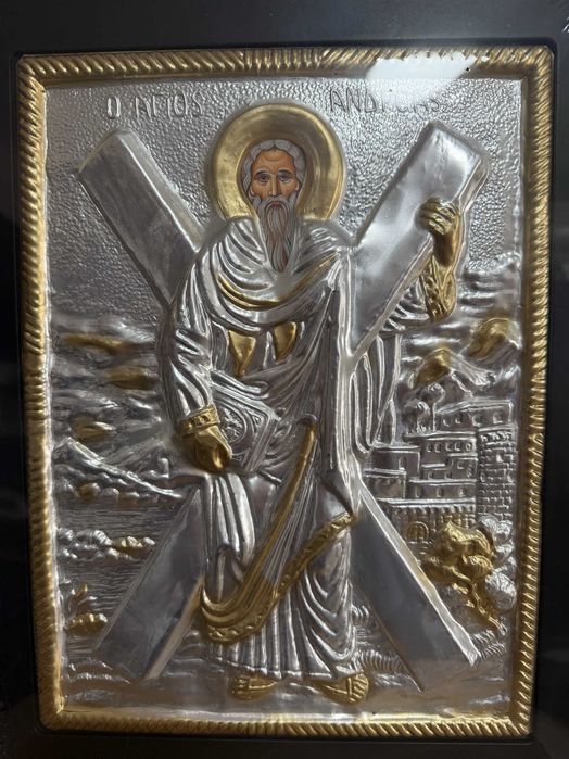 icoana veche sfantul andrei  dim 20x24 cm icona veche argintata