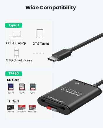 Четец на карти TFUFR, USB C към MicroSD(TF)/SD