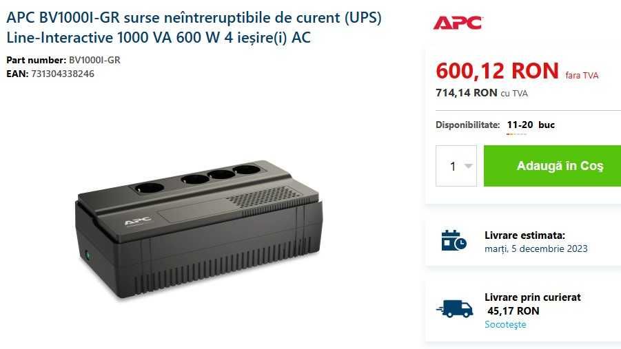 UPS APC 12V ieftine (invertor, stabilizator) americane: 21 modele! -pt camere alarme iluminat calculator tv router centrale pompe clasice (325-1200VA)