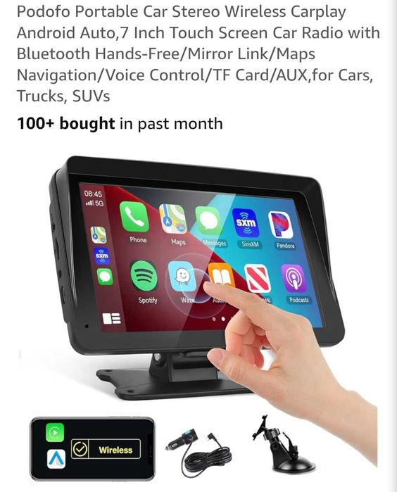 Stereo auto wireless PODOFO 7 inch cu Carplay si Android auto, ercan tactil HD, wireless 5.1, navigatie GPS, wireless, intrare USB/AUX,