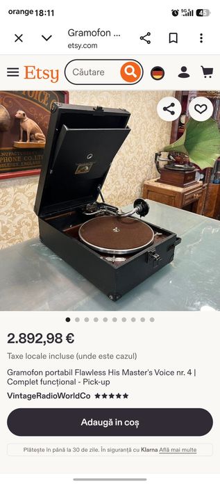 Patefon portabil de colecție HMV (His Master's Voice) Model 101 – Anii '20, Funcțional + 10 Discuri și Ace