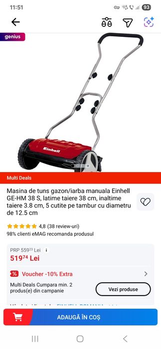 Masina de tuns iarba/gazon Einhell GE-HM 38 S