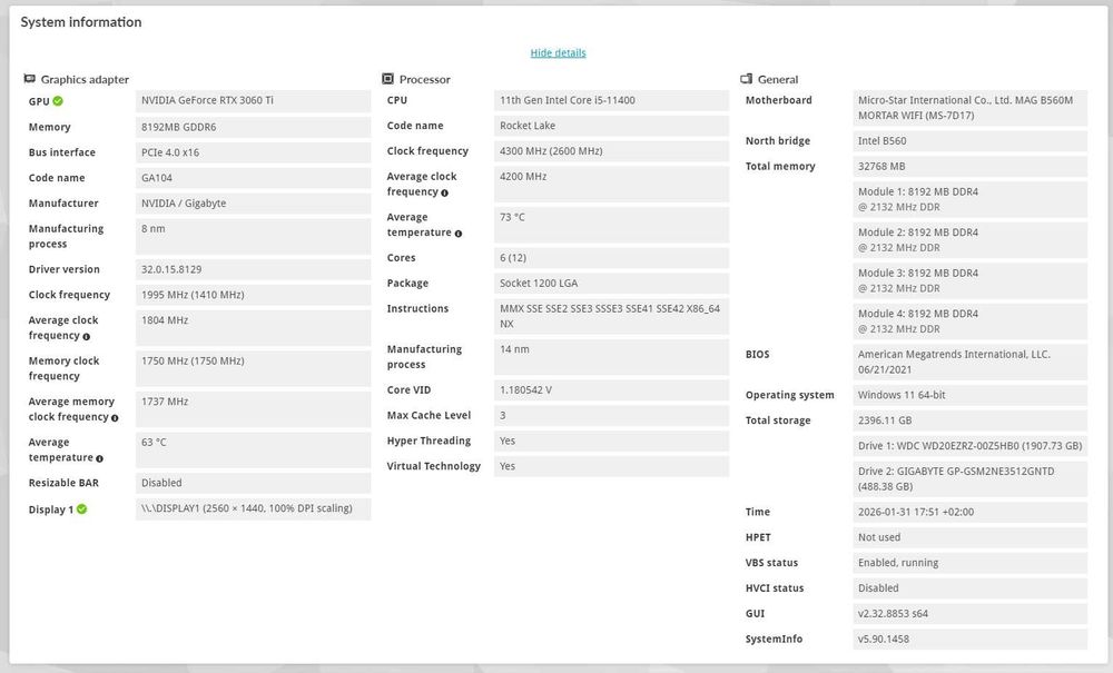 PC Gaming i5-11400, RTX 3060 Ti, 32GB RAM, 512GB SSD + 2TB HDD, WiFi