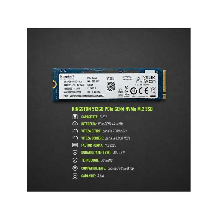 SSD M.2 80mm NVME KINGSTON OM8PGP4512Q-AA 512GB PCI 4.0 - testat, perfect functional - health (sanatate) 100% - perioada de utilizare 2 ore