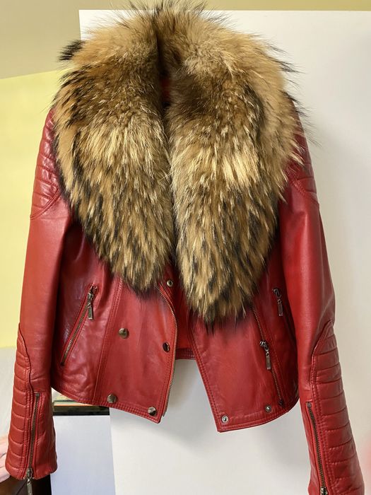 Geaca din piele naturala cu guler din blana naturala