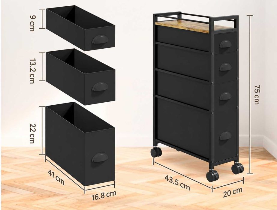 Comodă îngustă VASZOLA cu 4 sertare textile, roți, blat lemn – Negru