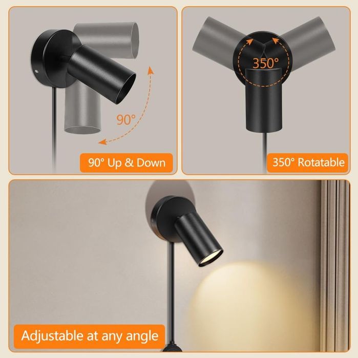 Set 2 Aplice Spot GU10 Negre cu Ștecher și Dimmer HOTUT