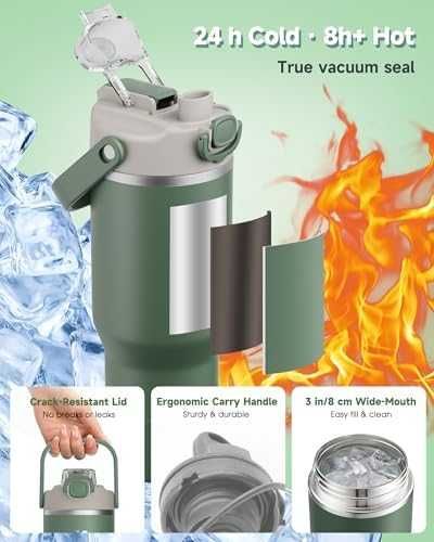 Нова Метална термо бутилка 1L със сламка 1L неръждаема стомана вакуумна изолация