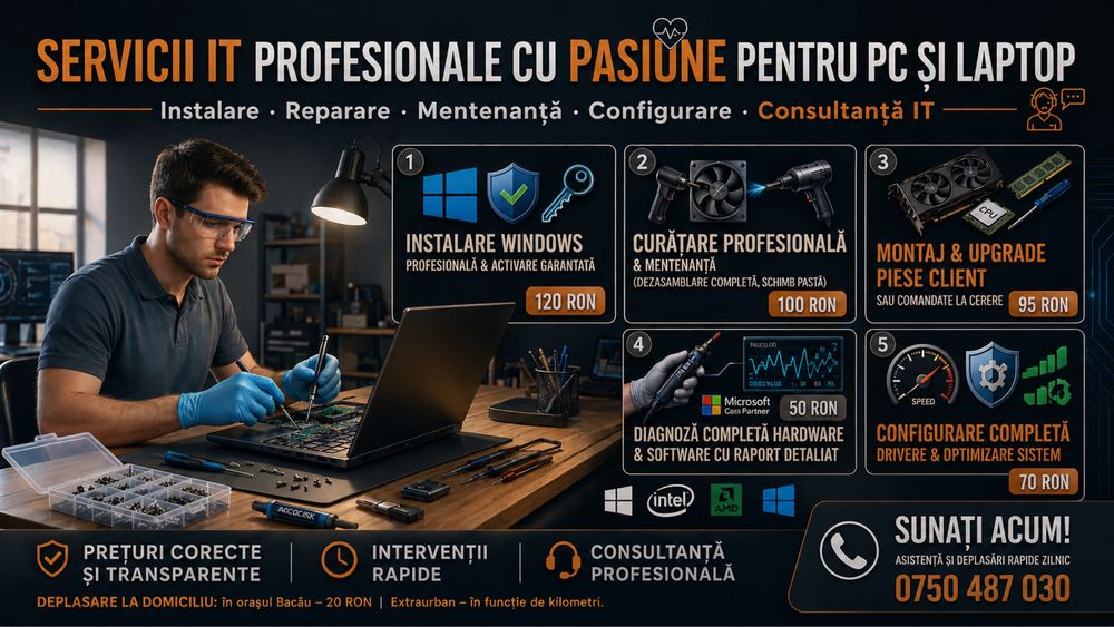Servicii IT Bacău - Windows, Curățare, Montaj, Diagnoză