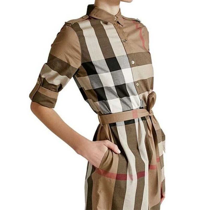 Burberry KELSY BROWN CHECK COTTON BELTED DRESS женска рокля размер UK8 IT40 / S