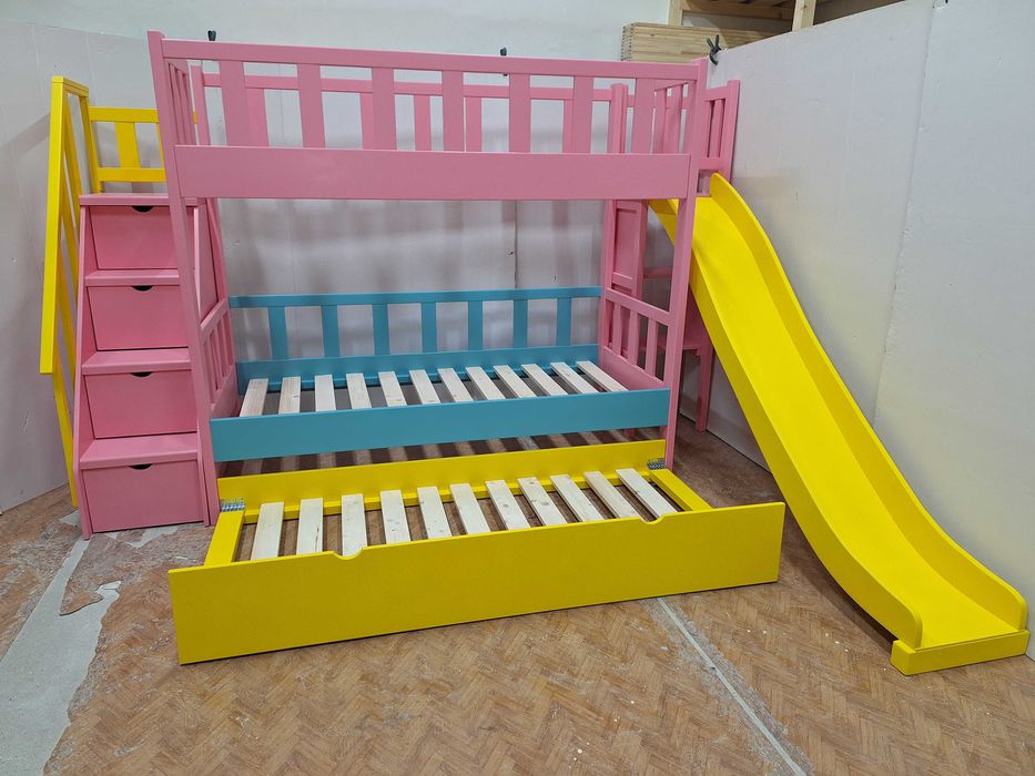 TRANSPORT GRATUIT.Pat supraetajat cu tobogan din lemn masiv.Cod 2515