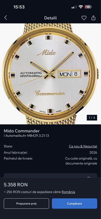 Ceas automatic barbati Mido Commander 1959 Gold 37mm