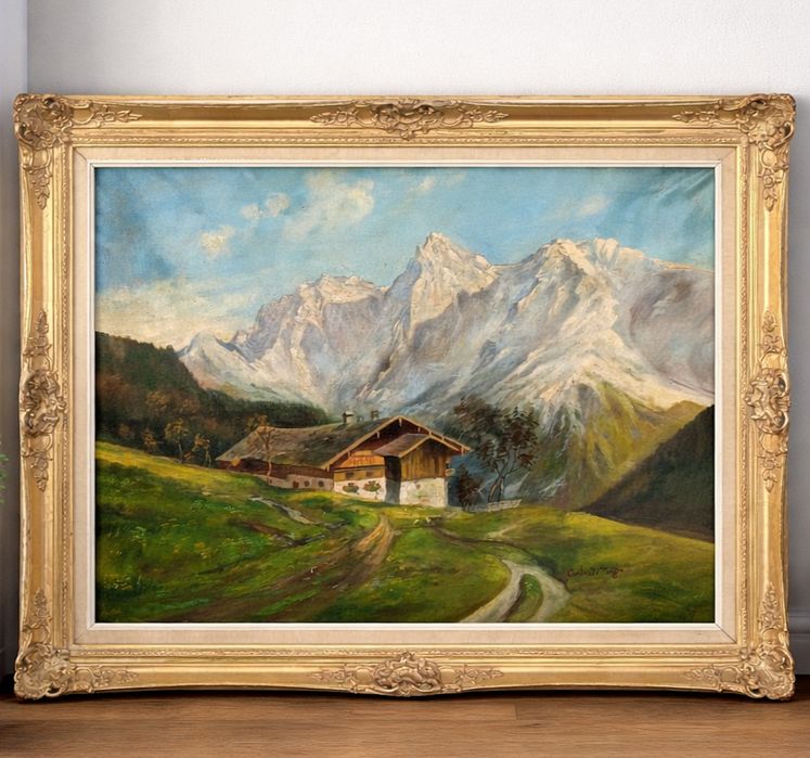Ulei pe pânză peisaj montan o lucrare veche semnată încadrata Intr o rama Blondel di
