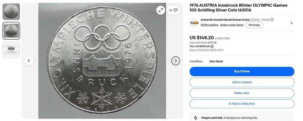 Сребърна възпоменателна монета 24гр - Австрия 100 Schilling 1976  Innsbruck Winter Olympics