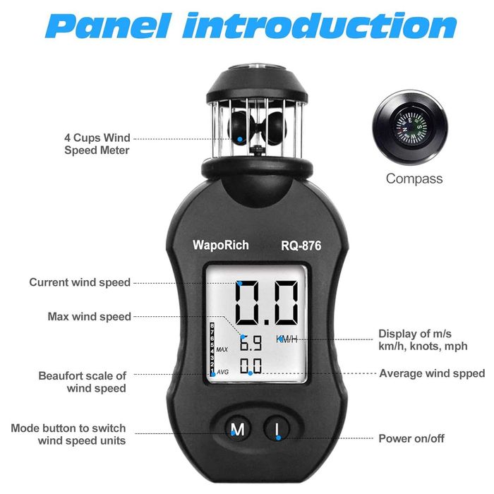 Ръчен анемометър за измерване на скоростта на вятъра с 360°