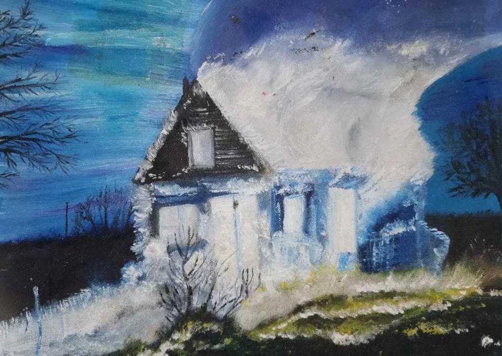 Tablou, pictura originala ulei pe pânză, cal și casă în flăcări