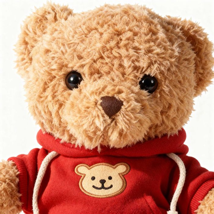 Ursulet de plus moale si pufos maro deschis cu pulover rosu 30 x 23 cm