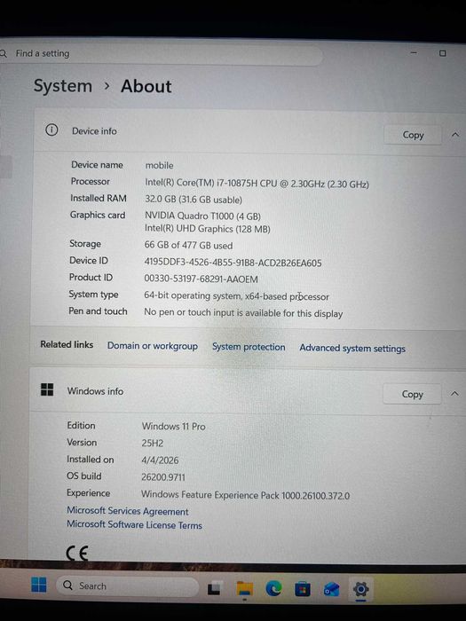 Dell Precision 7550, I7-10875H @ 2.30GHz, 32 GB RAM, NVIDIA Quadro T1000 4GB 500GB SSD