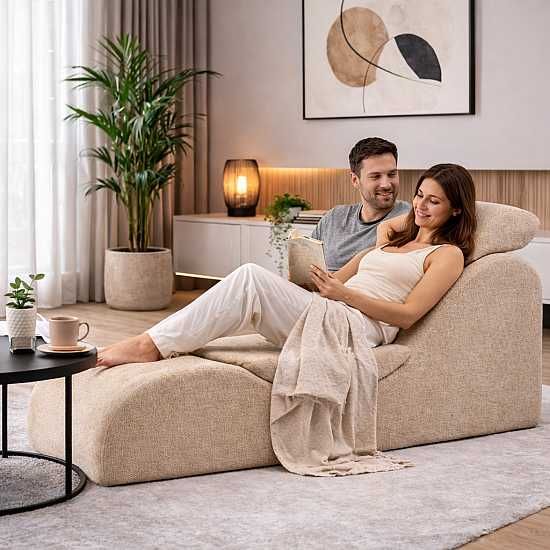 Fotoliu canapea Lounge pentru relaxare din spuma cu memorie 2 perne, design ergonomic 153x46x70 CM crem