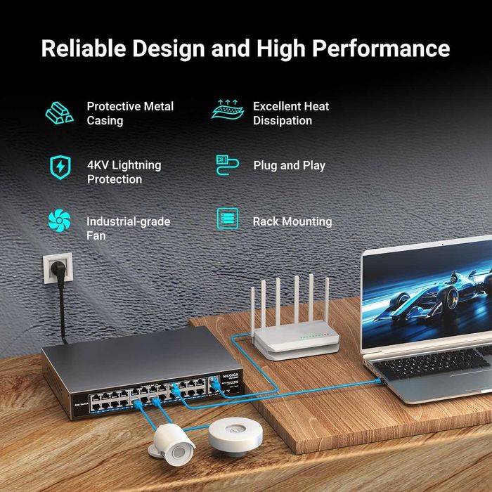Switch retea ethernet PoE NICGIGA FS2420GP 24 port neadministrat PoE+ / 400W,2 port Gigabit Uplink mod VLAN montare în rack de 19 inch plug and play